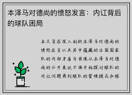 本泽马对德尚的愤怒发言：内讧背后的球队困局