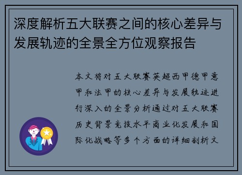 深度解析五大联赛之间的核心差异与发展轨迹的全景全方位观察报告 深度解析五大联赛之间的核心差异与发展轨迹的全景全方位观察报告