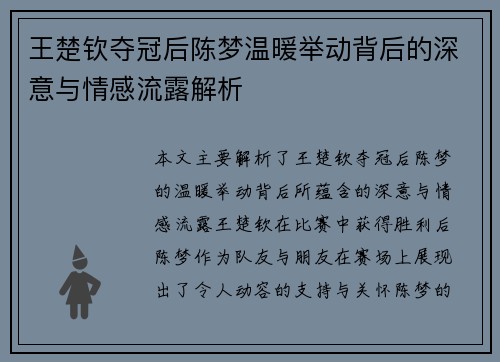 王楚钦夺冠后陈梦温暖举动背后的深意与情感流露解析