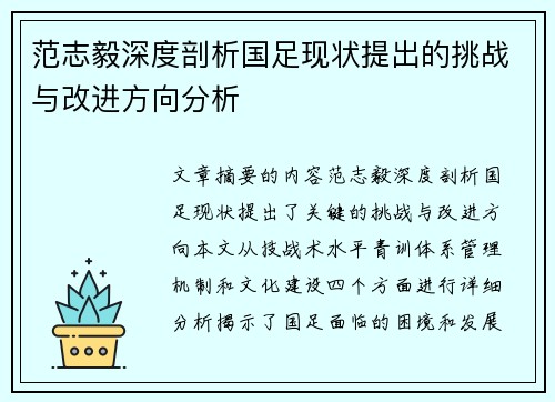 范志毅深度剖析国足现状提出的挑战与改进方向分析